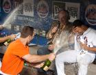 
	Party time! David Wright and teammates pop bottles and start the champagne celebration in the middle of a postgame interview.
